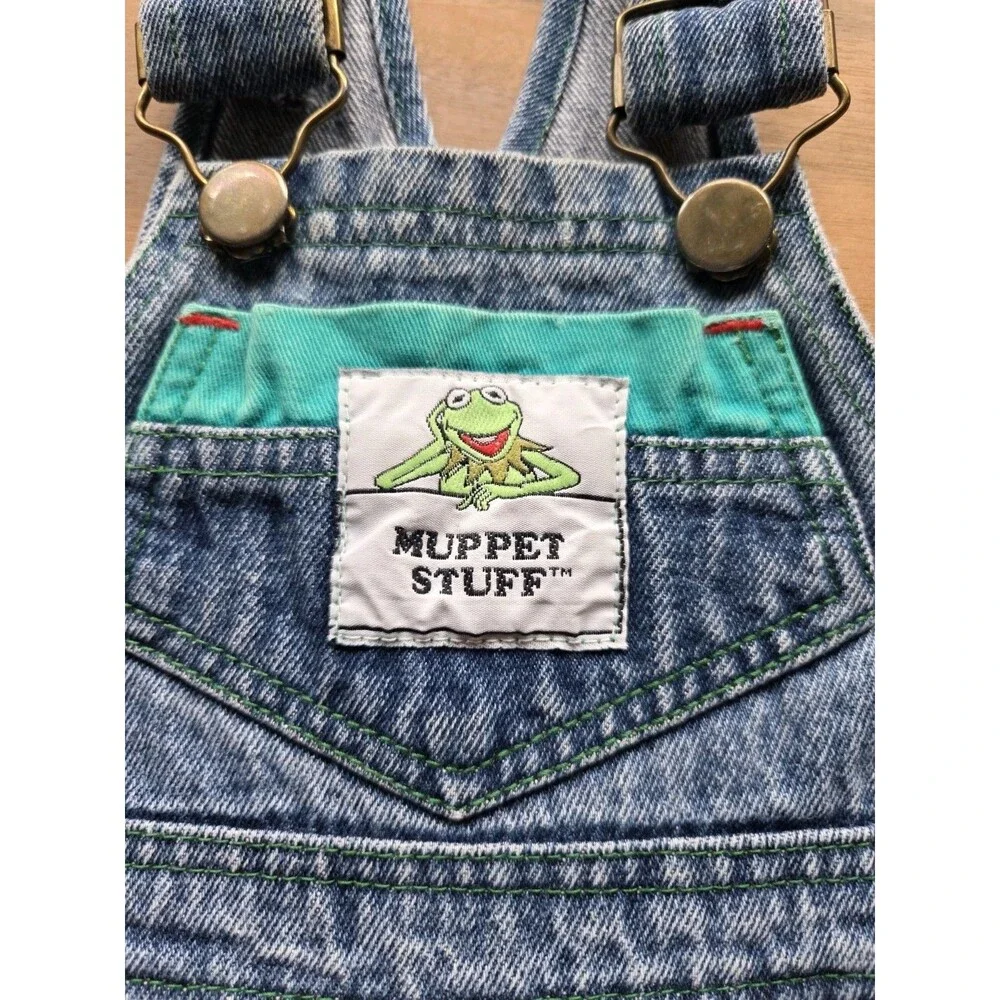 Vintage Muppet Stuff Kermit The Frog Denim Overalls Size 12M